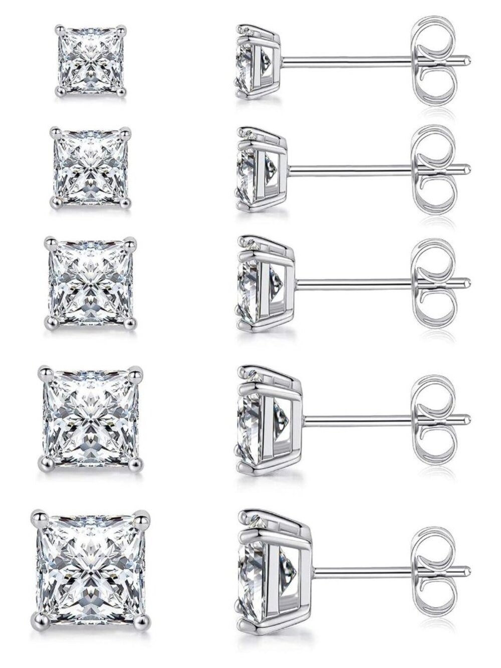 18K Gold Plated CZ Stud Earrings Set of 5 Square